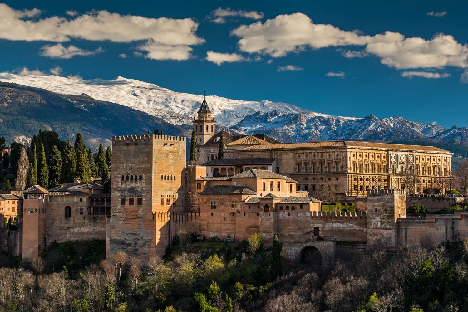 The Alhambra in Granada with the snow-capped Sierra Nevada behind